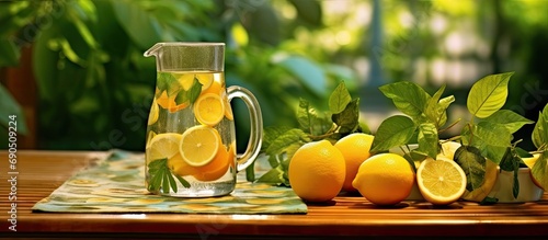 hot summer with a refreshing breeze, a wooden table is set with a pitcher of ice-cold lemonade garnished with floating slices of orange and lemon. The vibrant green leaves background provide a