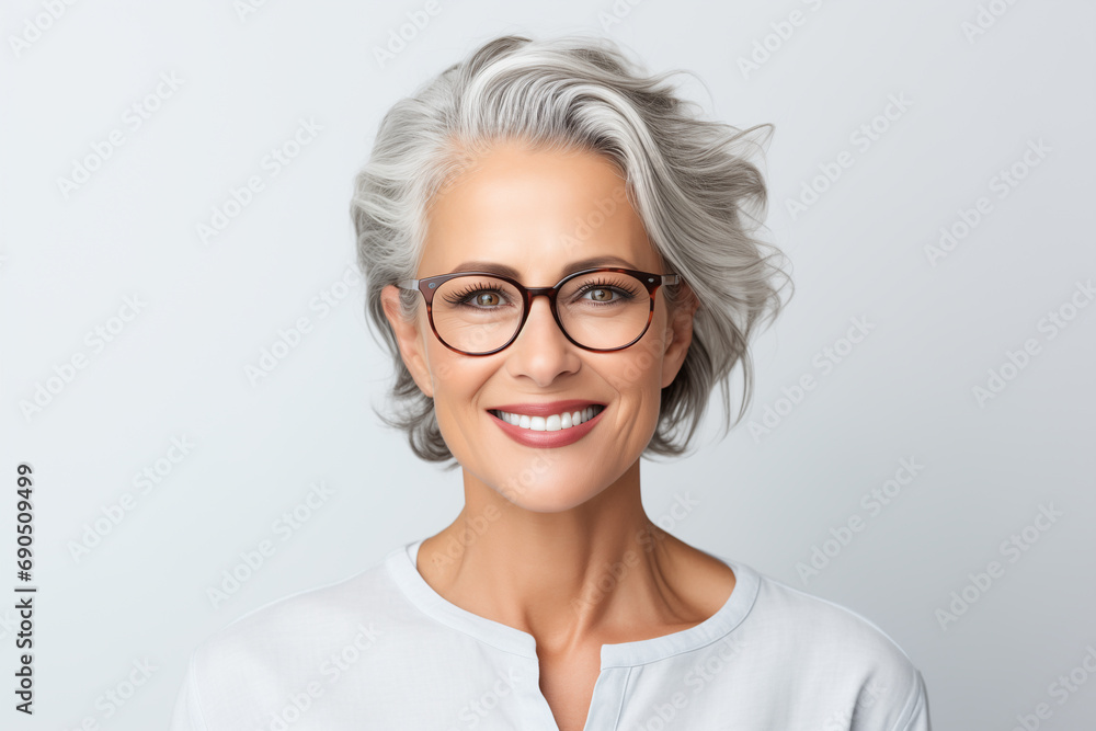 Portrait of a beautiful mature woman over 40 y.o, smiling with clean white teeth. To advertise dentistry or ophthalmology. A woman with glasses and a stylish hairstyle. Isolated on a white background