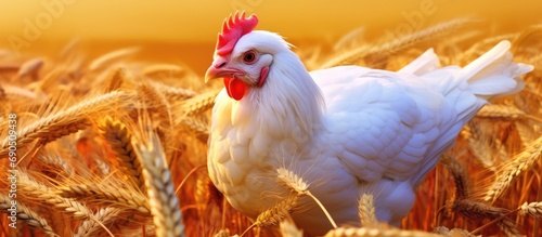 In a beautiful background of nature, a cute white chicken with colorful feathers roams freely on a farm, adding a touch of beauty to the agricultural scenery. The adorable bird is not just picturesque © TheWaterMeloonProjec