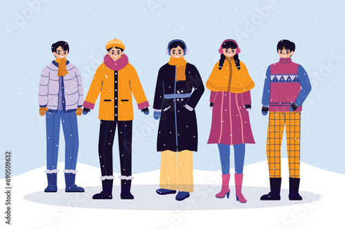Hand-drawn Illustration of a People Wearing Winter Clothes Collection