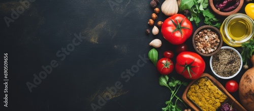 Nutrition concept for healthy eating, including DASH, flexitarian, and Mediterranean diets, to manage hypertension. Various wholesome food ingredients for cooking.