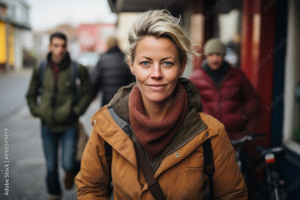 Portrait of smiling mature woman walking on street with friends in background