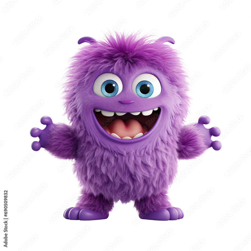 Purple little Monster Alien,Furry and fluffy ,cute monster acting,game asset,isolated on white and transparent background