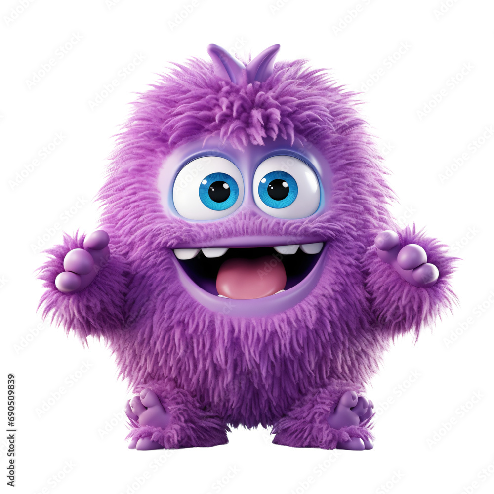 Obraz premium Purple little Monster Alien,Furry and fluffy ,cute monster acting,game asset,isolated on white and transparent background