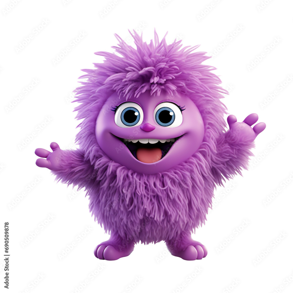 Purple little Monster Alien,Furry and fluffy ,cute monster acting,game asset,isolated on white and transparent background