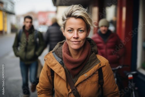 Portrait of smiling mature woman walking on street with friends in background