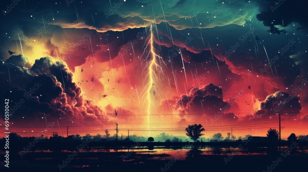 Fototapeta premium Heavy Rain Falling Dark Cloudy Sky, Flat Design Style, Pop Art , Wallpaper Pictures, Background Hd