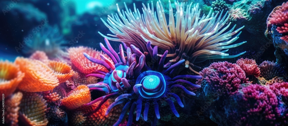 Obraz premium From the breathtaking closeup of a vibrant blue ocean, the beautiful colors of nature emerge as the sea plants and urchins create a mesmerizing display.