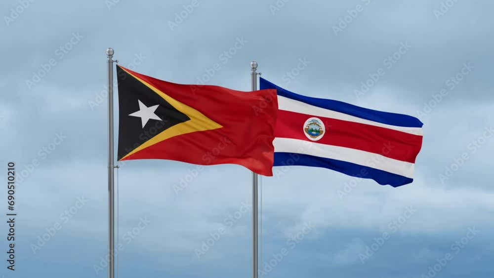 Costa Rico and Timor flag waving together on cloudy sky, endless seamless loop, two country cooperation concept Costa Rico and Timor flag waving together on cloudy sky, endless seamless loop, two country cooperation concept