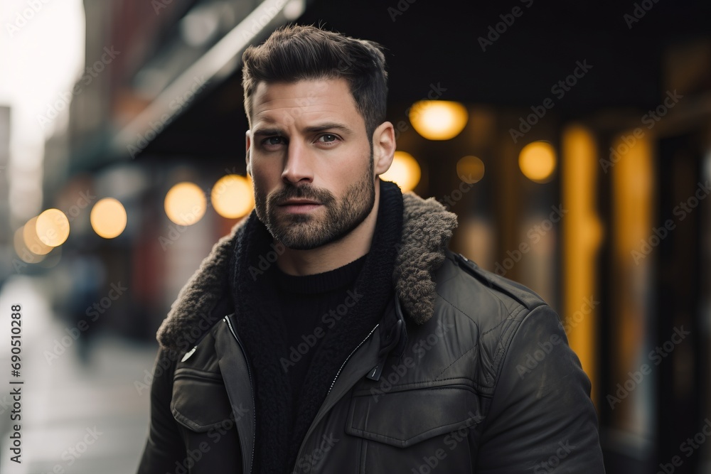 Portrait of a handsome young man in a leather jacket on the street Portrait of a handsome young man in a leather jacket on the street