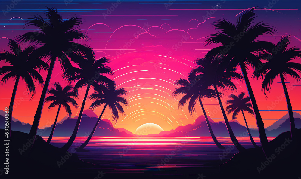 sunset on the beach retro 80s background