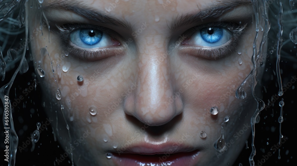 a close up of a woman's face with blue eyes and water droplets all over her face and body. a close up of a woman's face with blue eyes and water droplets all over her face and body.