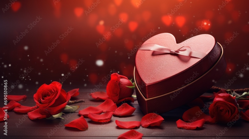  a pink heart shaped box with a bow on top of it surrounded by red rose petals and petals scattered around it.