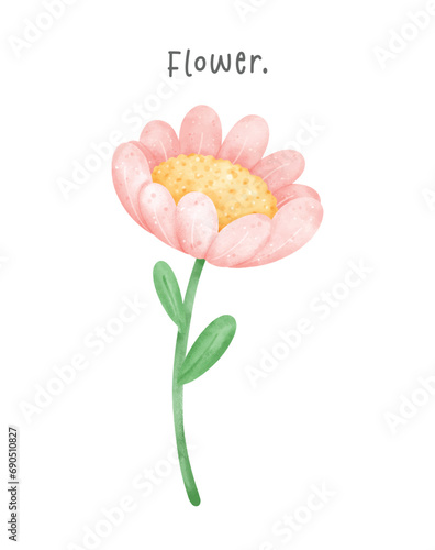 Cute pink flower with stem watercolor hand drawing illustration vector photo