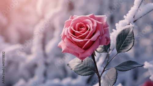  a close up of a pink rose with snow on the ground in front of a blurry background of trees.