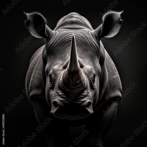  a black and white photo of a rhino's face in the dark with the rhinoceros in the background.
