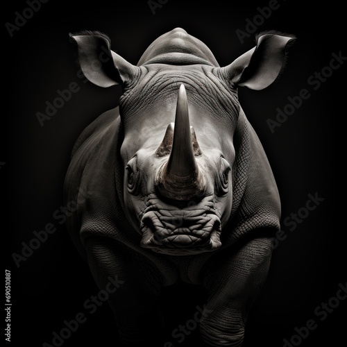  a black and white photo of a rhino's head with a ring around it's neck and a black background.