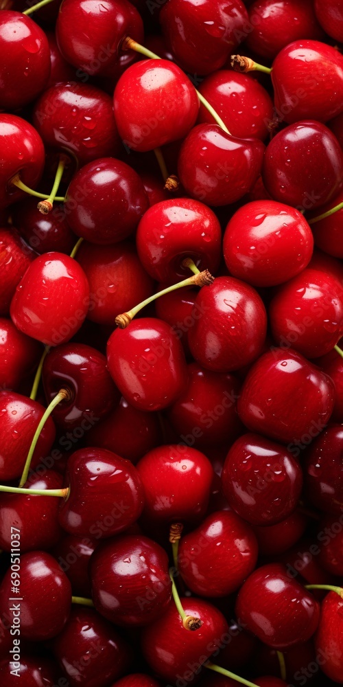 Ripe cherries filling the frame with a vibrant red hue. Freshness overflow. Lush and juicy texture. Perfect for summer background, banner, or backdrop Ripe cherries filling the frame with a vibrant red hue. Freshness overflow. Lush and juicy texture. Perfect for summer background, banner, or backdrop