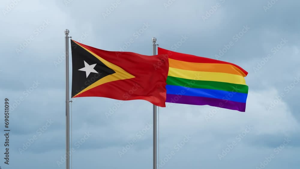 LGBT movement flag also Gay Pride and Timor flag waving cycle looped video, tolerance conception in country LGBT movement flag also Gay Pride and Timor flag waving cycle looped video, tolerance conception in country