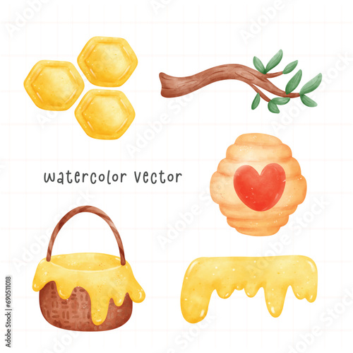 Cute Honey from bee elements watercolor cartoon hand painted illustration vector.