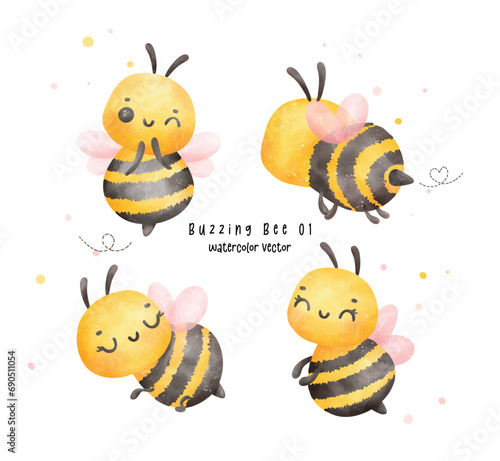 Set of Cute baby honey bee watercolor cartoon character hand painting illustration vector.