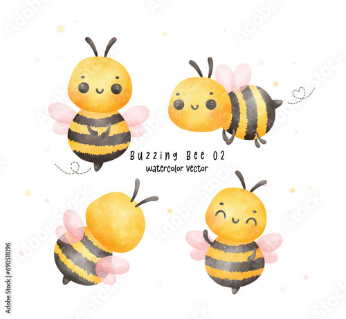 Set of Cute baby honey bee watercolor cartoon character hand painting illustration vector.