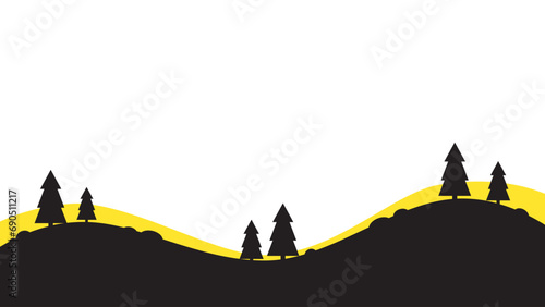 black and yellow flat silhouette vector landscape with pine trees and copy space for your text