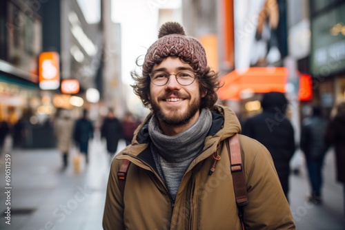 Handsome young man with a beard and glasses in the city © Nerea