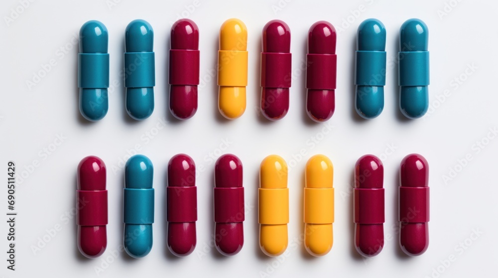 a group of pills arranged in a row on a white surface with blue, red, yellow, and green ones. a group of pills arranged in a row on a white surface with blue, red, yellow, and green ones.