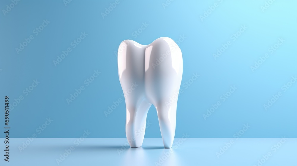  a tooth shaped like a human standing in front of a blue background with a light reflection on the bottom part of the tooth. - obrazy, fototapety, plakaty 