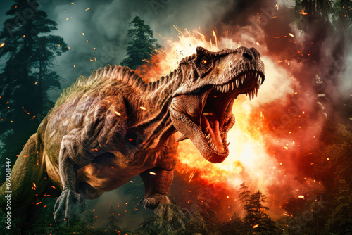 Tyrannosaurus T-rex ,dinosaur on smoke and fire background. Dinosaur in the ancient jungle. Primordial monster. © Anoo
