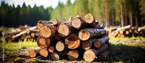 Logs stacked outdoors in the forest, felled tree trunks stacked neatly for transport.