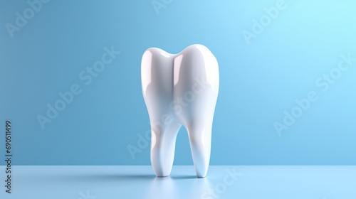  a tooth shaped like a human standing in front of a blue background with a light reflection on the bottom part of the tooth.