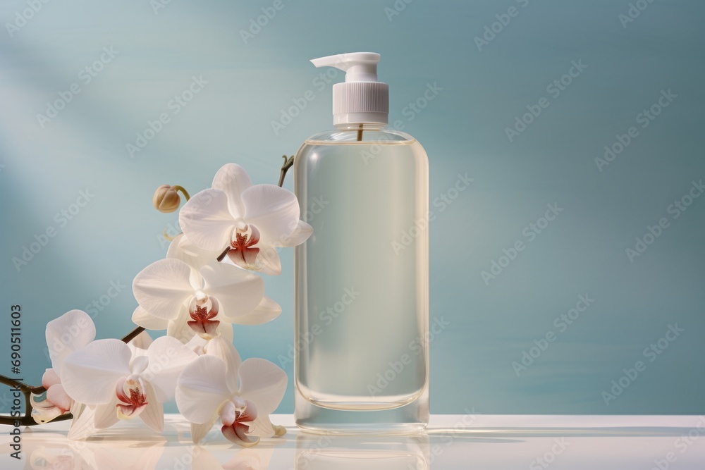 a close up of a bottle of lotion next to a bunch of white orchids on a blue background. a close up of a bottle of lotion next to a bunch of white orchids on a blue background.