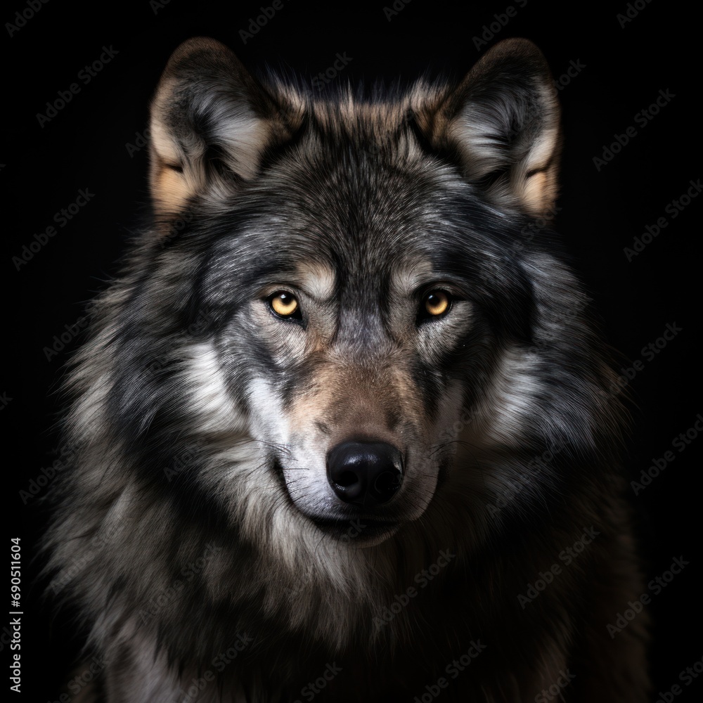  a close up of a wolf's face with an intense look on it's face, against a black background.