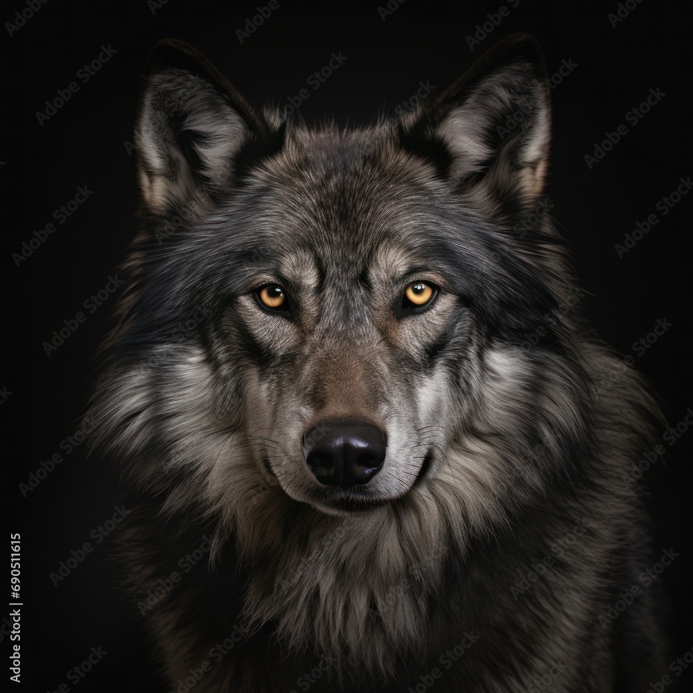  a close up of a wolf's face with an intense look on it's face, against a black background.