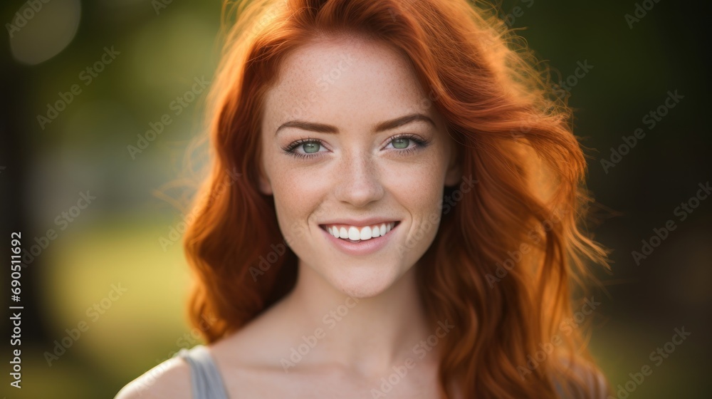  a close up of a woman with red hair and green eyes smiling at the camera with a smile on her face.