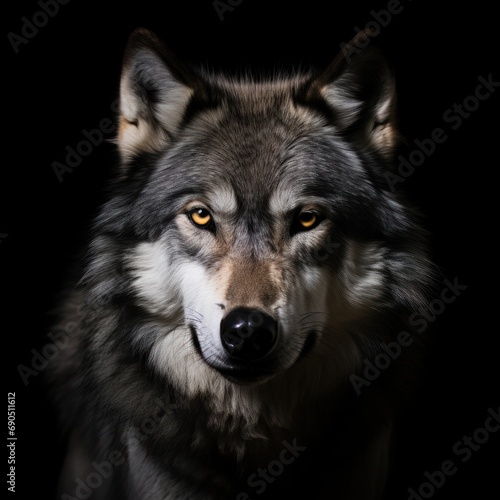  a close up of a wolf's face with an intense look on it's face, against a black background.