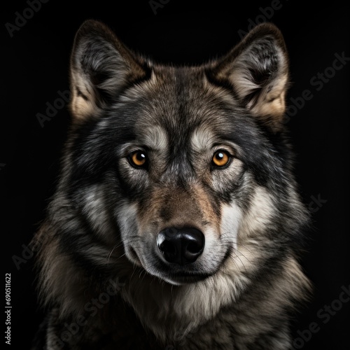  a close up of a wolf's face with an intense look on it's face, against a black background. © Jevjenijs