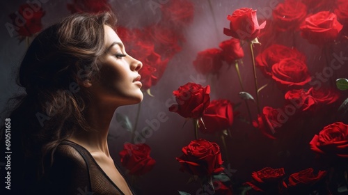  a woman with her eyes closed standing in front of a bunch of red roses, with her eyes closed, in front of a dark background of red roses.