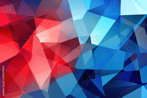  a red, white and blue abstract background with low polygonic shapes and a red center in the middle of the image.