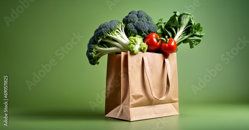 Paper bag with fresh vegetable on green background
