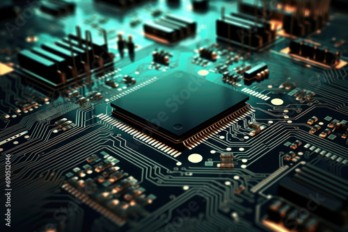 Motherboard of a computer or other electronic equipment. Close-up. Powerful multi-core processor.