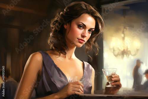 A woman sits at a bar with a glass of cocktail in a luxurious interior. Night lights and twilight. Blurred background. Beautiful lady behind the bar