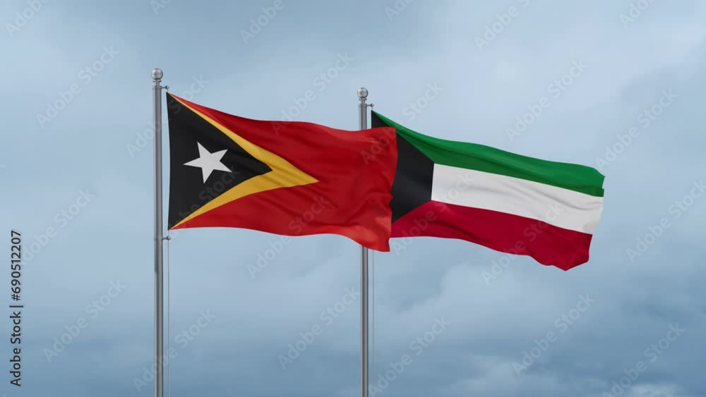 Kuwait and Timor flag waving together on cloudy sky, endless seamless loop, two country cooperation concept Kuwait and Timor flag waving together on cloudy sky, endless seamless loop, two country cooperation concept