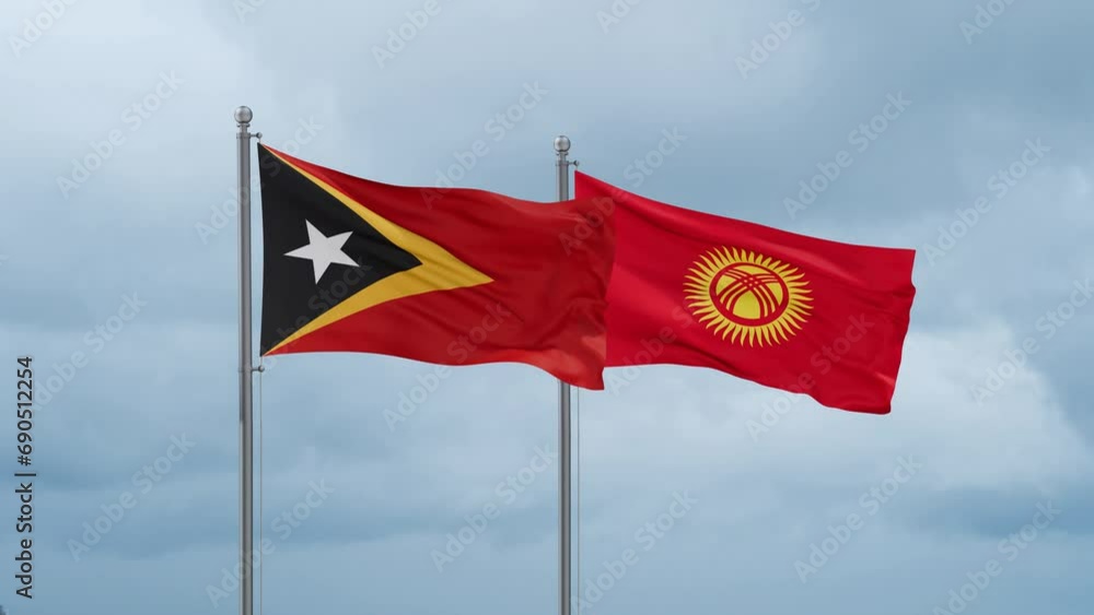 Kyrgyzstan flag and Timor flag waving together on cloudy sky, endless seamless loop, two country relations concept Kyrgyzstan flag and Timor flag waving together on cloudy sky, endless seamless loop, two country relations concept