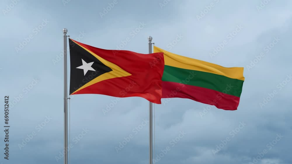 Lithuania flag and Timor flag waving together on cloudy sky, endless seamless loop, two country relations concept Lithuania flag and Timor flag waving together on cloudy sky, endless seamless loop, two country relations concept
