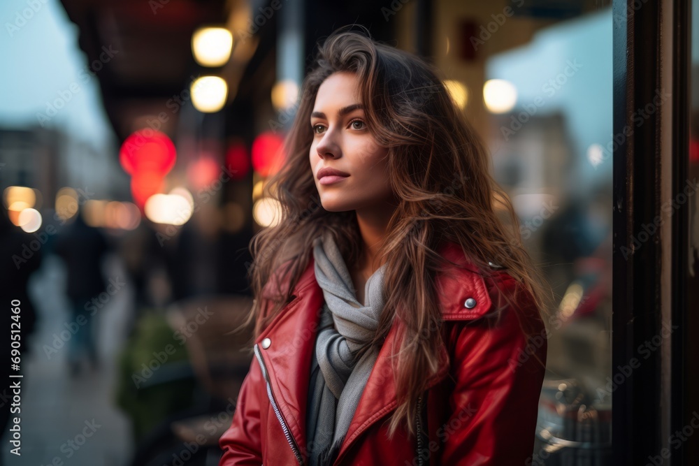 Portrait of a beautiful young woman in a red jacket on the street
