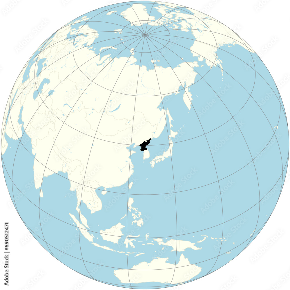 North Korea (DPRK) is positioned at the center of the orthographic projection of the global map. A country in East Asia. - obrazy, fototapety, plakaty 
