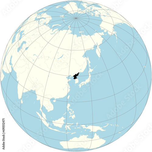 North Korea (DPRK) is positioned at the center of the orthographic projection of the global map. A country in East Asia. photo